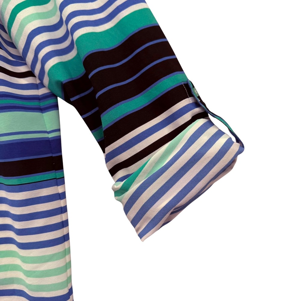 Talbots Womens Blue Green Striped Split Neck 3/4 Sleeve Button Tab Top Large - Picture 9 of 9